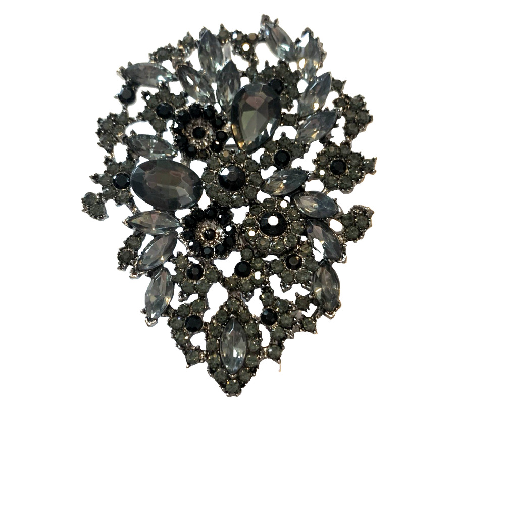 Bold Black Crystal Rhinestone Brooch Chunky Gothic Chic Pin Filigree Cluster